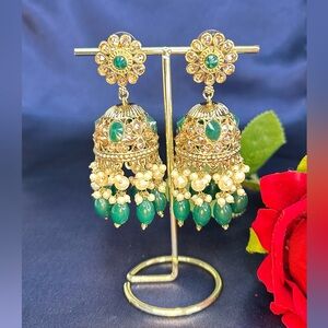 Beautiful Green and Gold Deluxe Reverse Ad Jhumkas